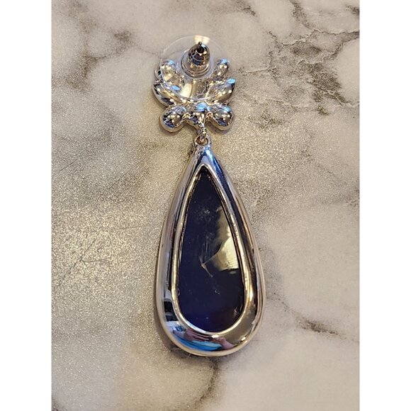Gloria Vanderbilt Teardrop Earrings Navy Blue Crystal Floral Design Silver-Tone - Picture 5 of 5